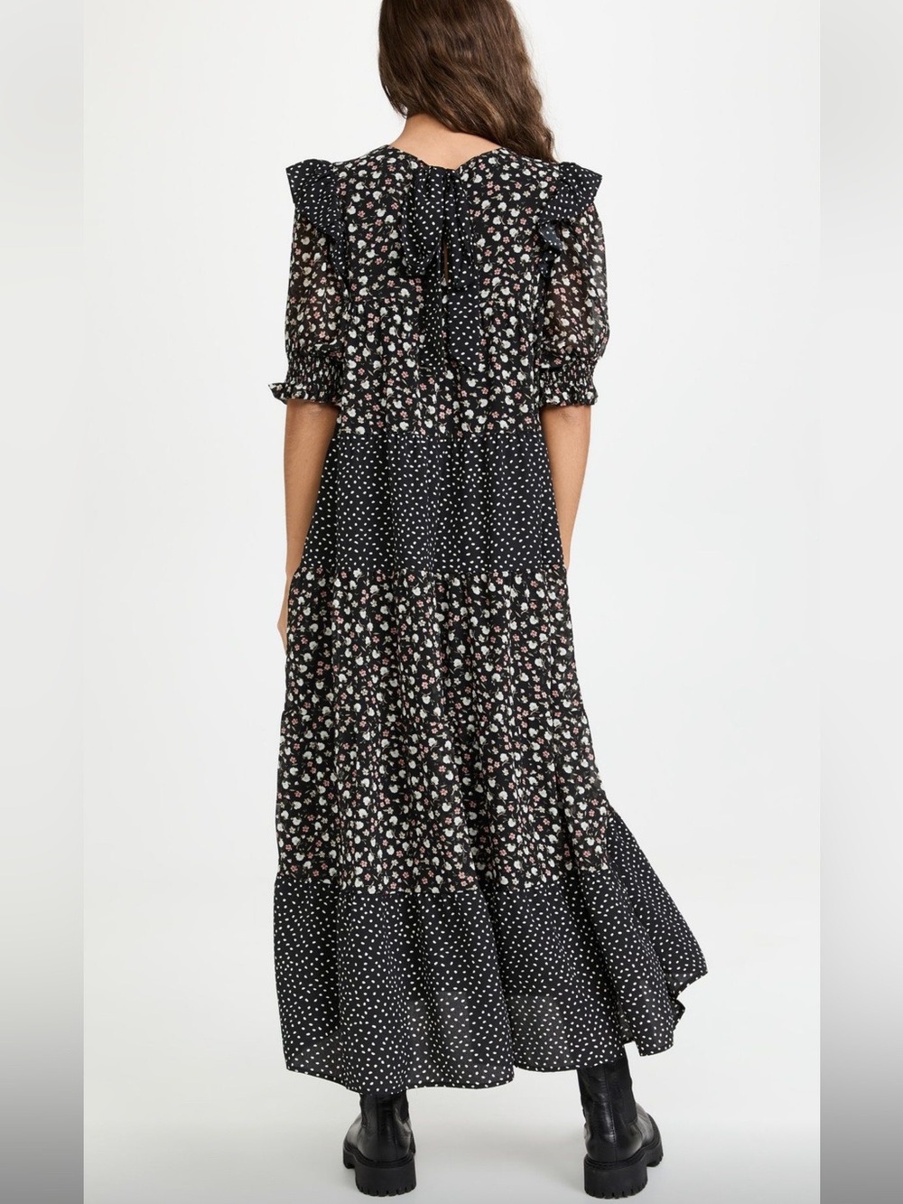 Free the roses black floral polka dot tiered maxi dress BNWOT size large - Picture 2 of 7